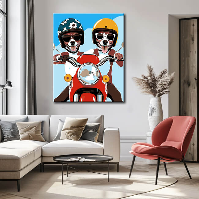 Malen nach Zahlen Kunst Zwei Hunde mit Helm auf rotem Motorrad