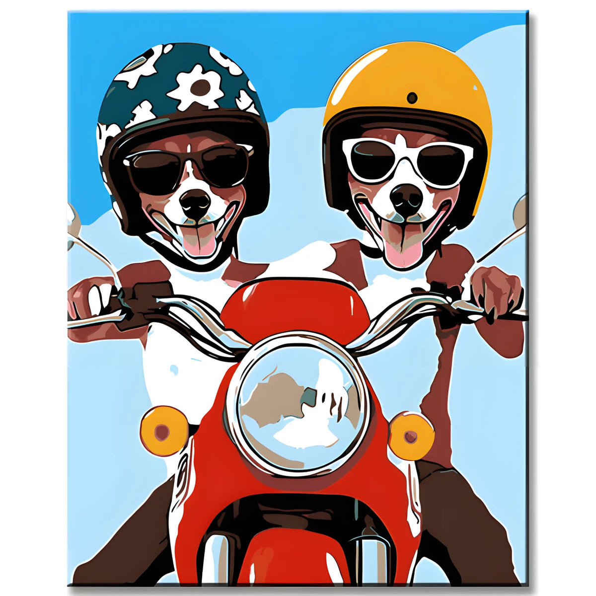 Malen nach Zahlen Kunst Zwei Hunde mit Helm auf rotem Motorrad