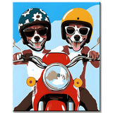 Malen nach Zahlen Kunst Zwei Hunde mit Helm auf rotem Motorrad