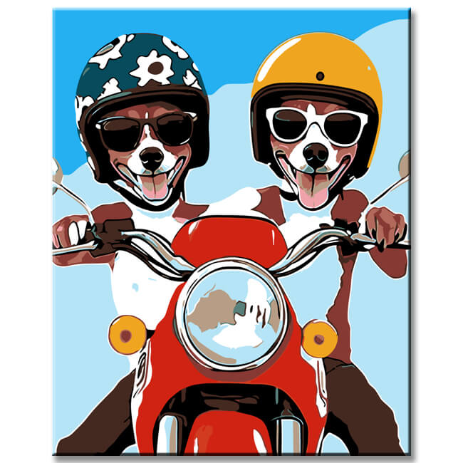 Malen nach Zahlen Kunst Zwei Hunde mit Helm auf rotem Motorrad
