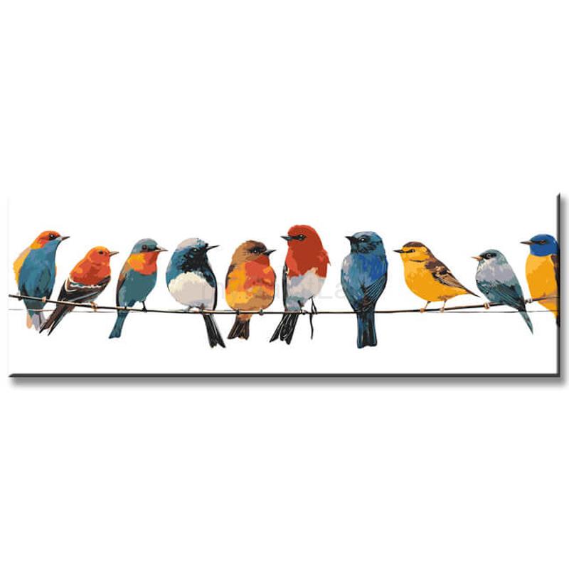 Malen nach Zahlen Kunst Tier Viele Bunte Vögel sitzen auf Bügeln an der Leine