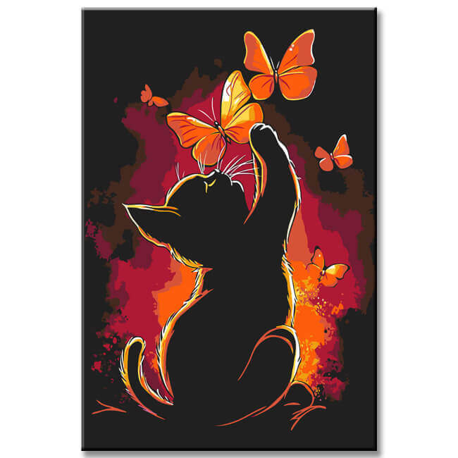 Malen nach Zahlen Kunst Tier Katze spielt mit Schmetterlingen