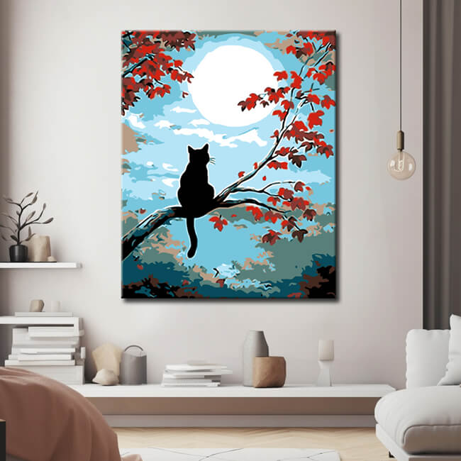 Malen nach Zahlen Kunst Tier Katze sitzt auf einem Ast mit roten Blättern