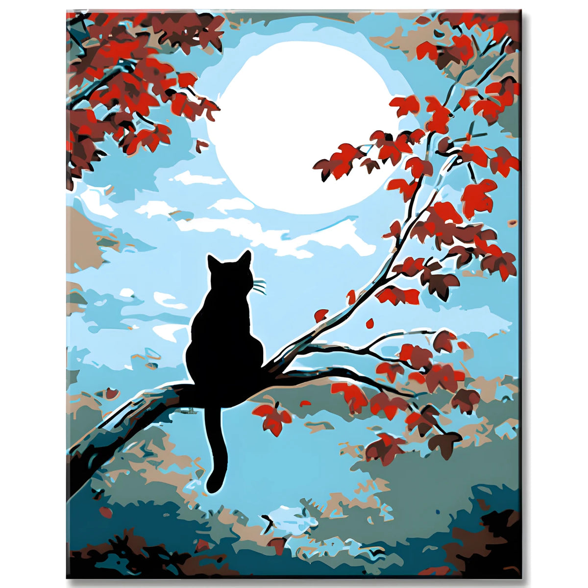 Malen nach Zahlen Kunst Tier Katze sitzt auf einem Ast mit roten Blättern