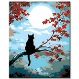 Malen nach Zahlen Kunst Tier Katze sitzt auf einem Ast mit roten Blättern