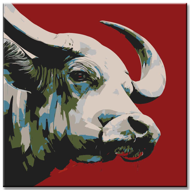 Malen nach Zahlen Kunst Tier Weißer Stier auf rotem Hintergrund