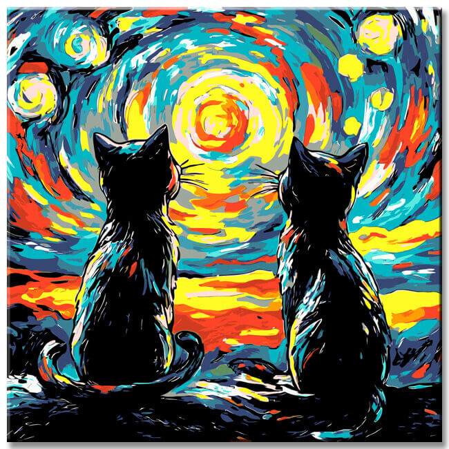 Malen nach Zahlen Zwei Katzen unter bunten Himmel