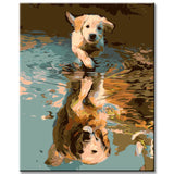 Malen nach Zahlen Kunst Tier kleiner Hundewelpe spiegelt sich in der Pfütze