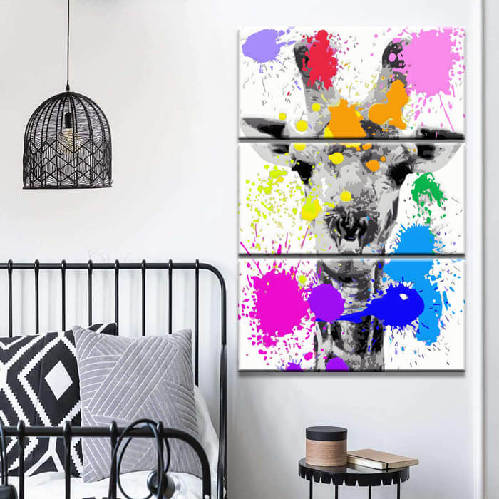 Malen nach Zahlen Kunst Tier Griraffe mit bunten Farbklecksen 3-teilig