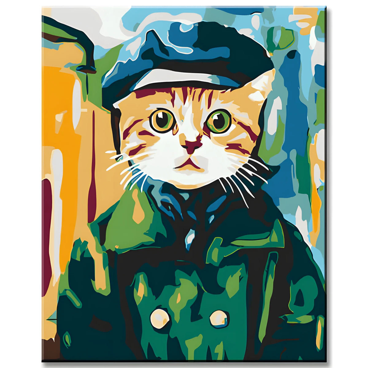 Malen nach Zahlen Katze in Uniform Grüner Mantel Blaue Mütze