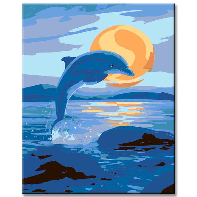 Malen nach Zahlen Kunst Tier Delfin bei Nacht vor Vollmond