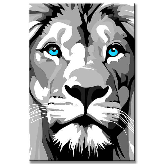 Malen nach Zahlen Löwe schwarz-weiss mit blauen Augen