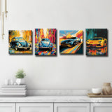 Exklusive Pop-Art LeinwandKunst  Ausdrucksstarke Automobil-WandBilder, 4-teilig