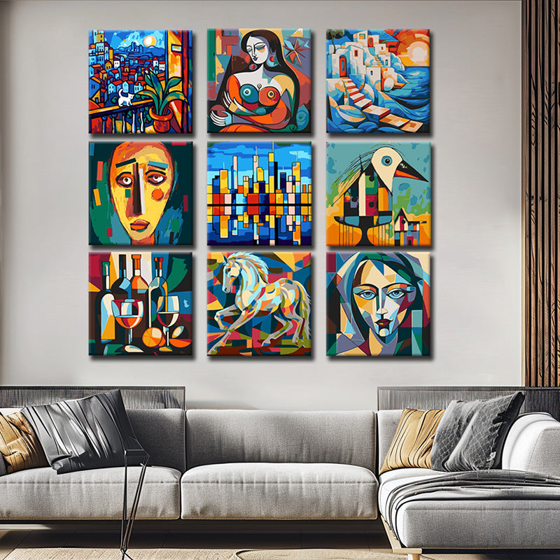 Kubistische Kunstwerke auf Galerieleinwand  Stilvolle und Einzigartige WandBilder, 9-teilig