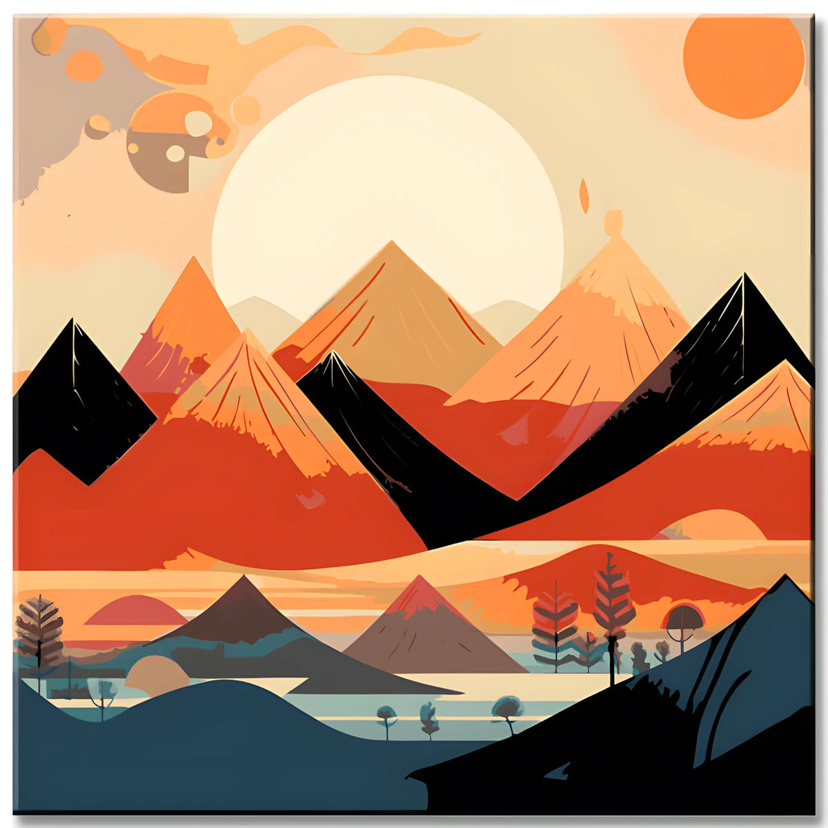 Malen nach Zahlen - Minimalistisches Landschaftsposter mit Berge und Sonne