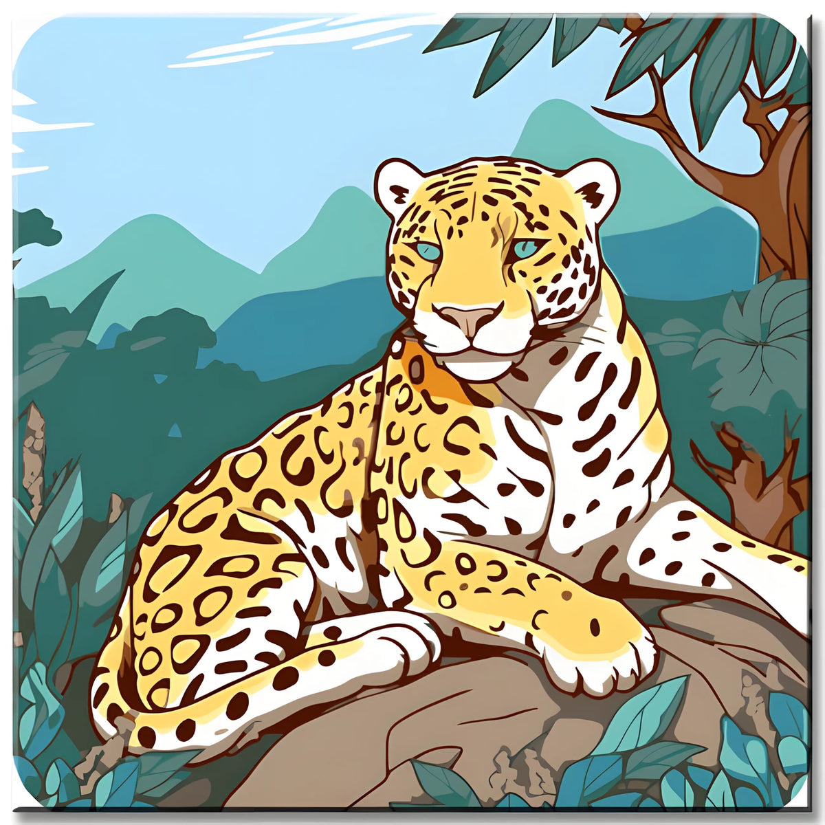 Farbenfrohe Landschaft mit Leopard - Malen nach Zahlen