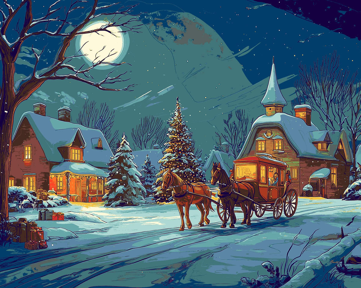 Malen nach Zahlen Weihnachten Weihnachtsdorf mit Pferdekutsche