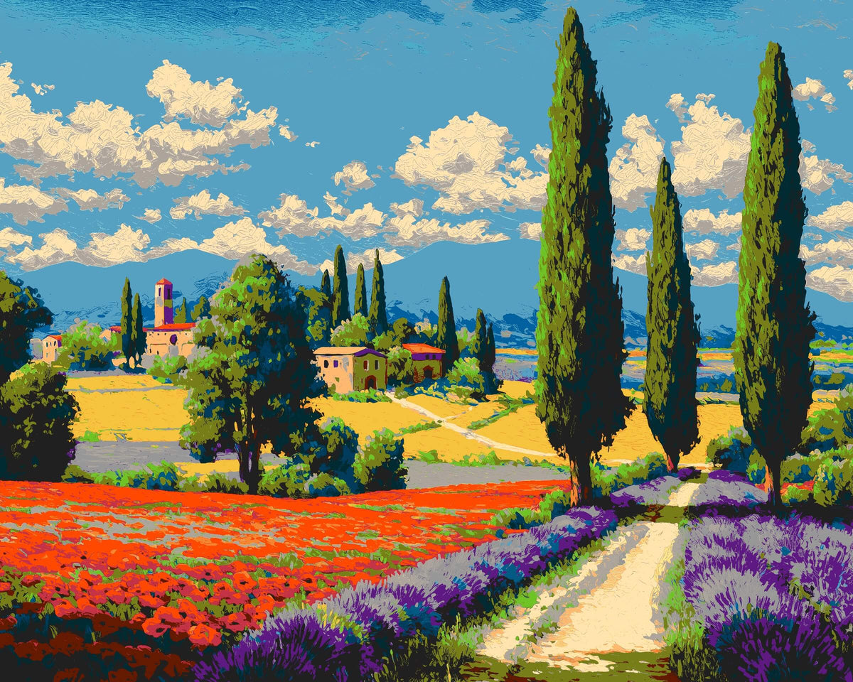 Malen nach Zahlen für Erwachsene Pinien und Lavendelfeld