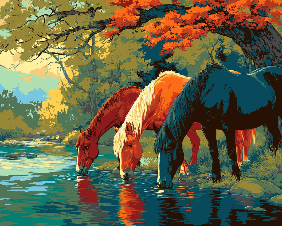 Malen nach Zahlen Bilder Pferde am Bach
