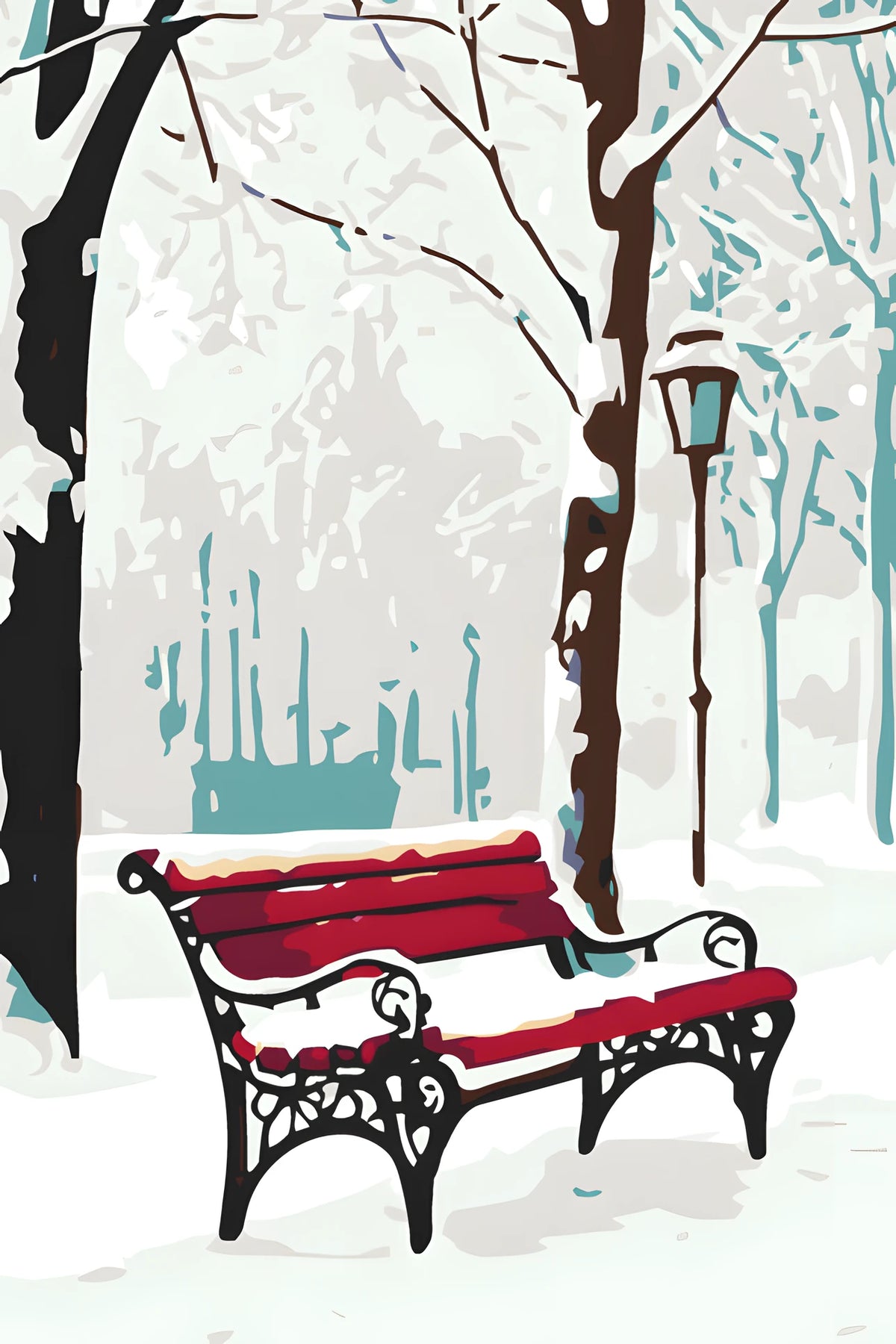 Malen nach Zahlen winter rote parkbank