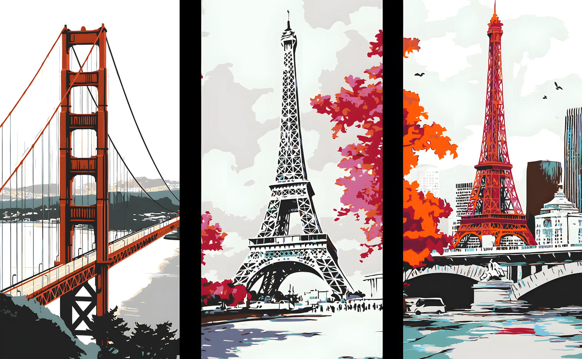 Malen nach Zahlen Funkturm rotweisser Schiffsanleger Paris San Francisco Brücke