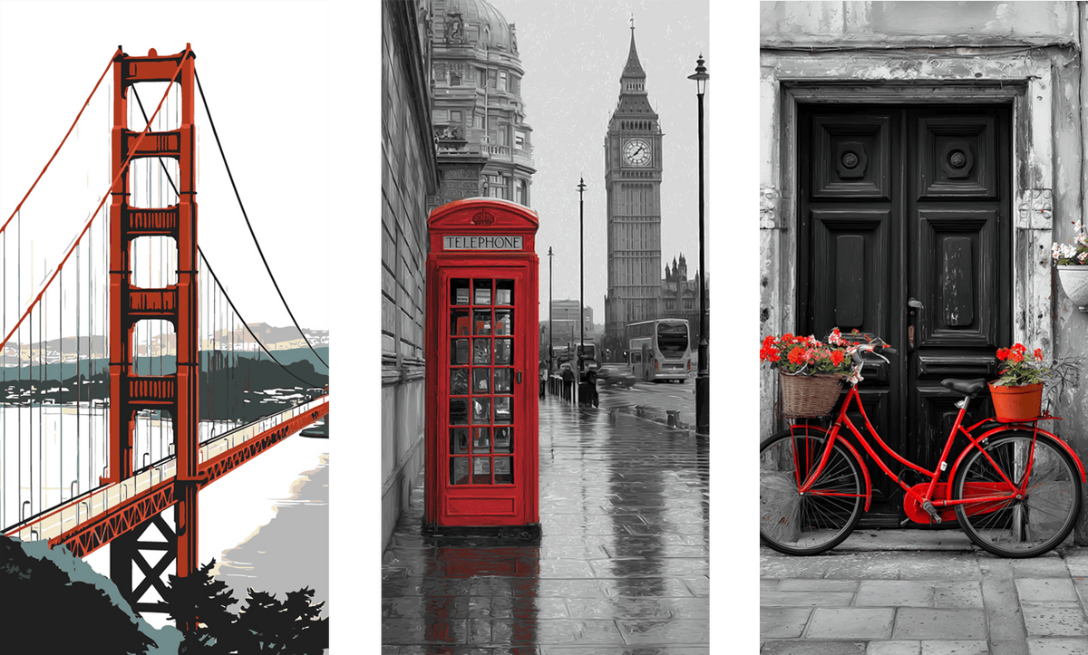 Malen nach Zahlen San Francisco Brücke-Telefonzelle London-Fahrrad rot