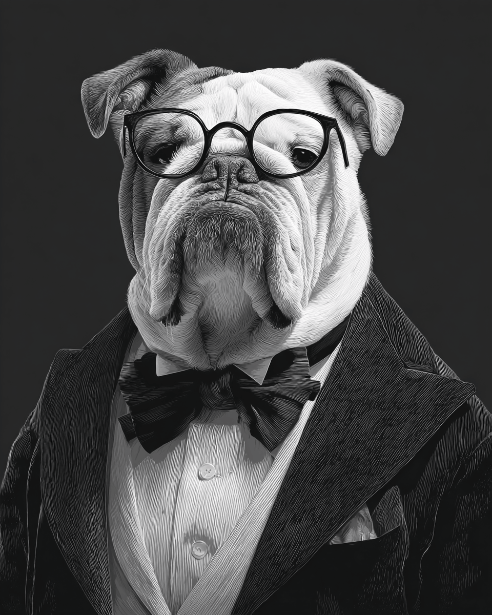 Malen nach Zahlen Hund mit Brille schwarz weiss