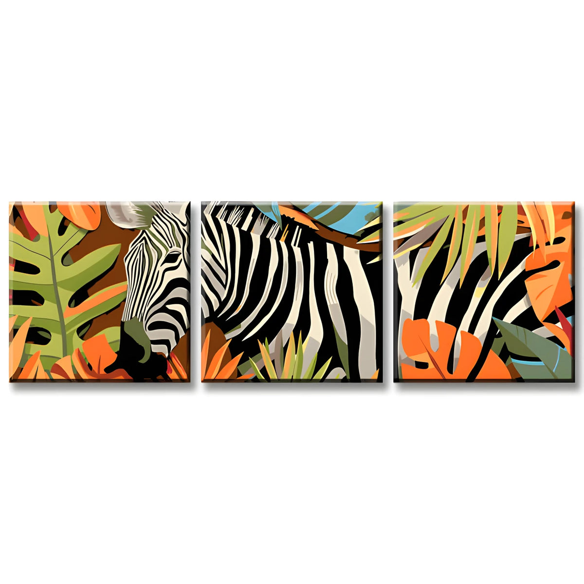 Malen nach Zahlen Triptychon Zebra hinter Blättern 3-teilig